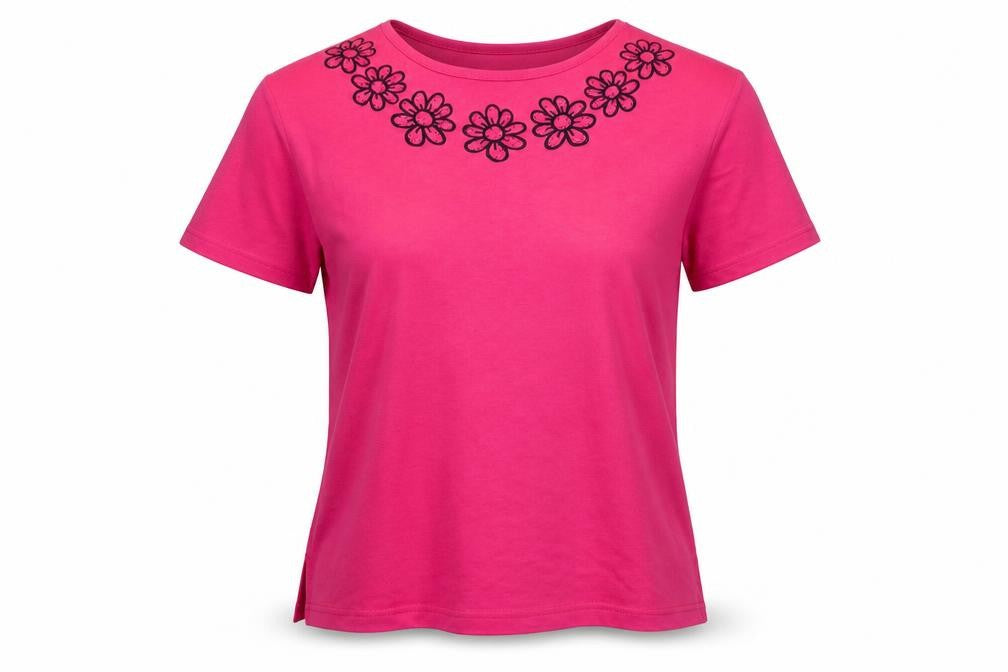 Front view of Annabelle women’s pink cotton basic t-shirt, size M, roll neck