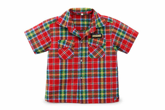 Front view of C'N'C boys’ red plaid cotton basic button-up, size 5-6, years collared button