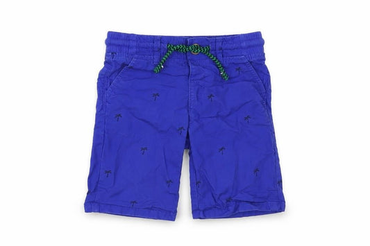 Front view of Marks & Spencer boys’ blue cotton cropped trousers, size 2-3, years regular drawstring - palm tree print
