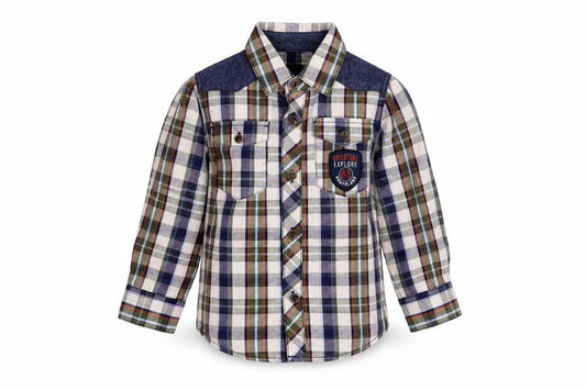 Front view of Losan boys’ multicoloured plaid cotton basic button-up, size 3, years collared button