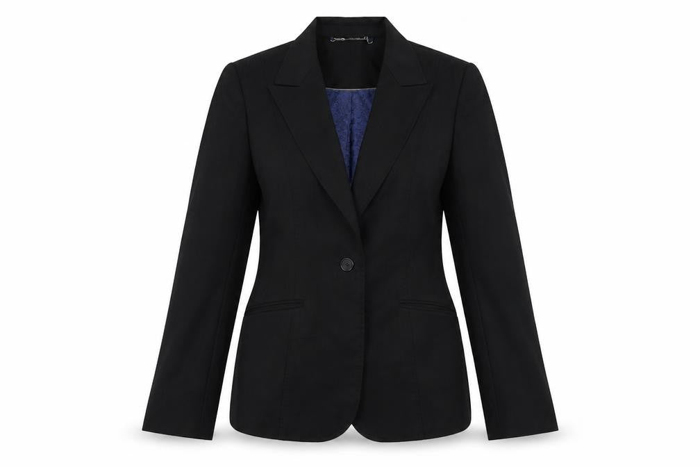 Front view of Quentin Reed women’s black striped wool jacket suit jacket, size UK 10