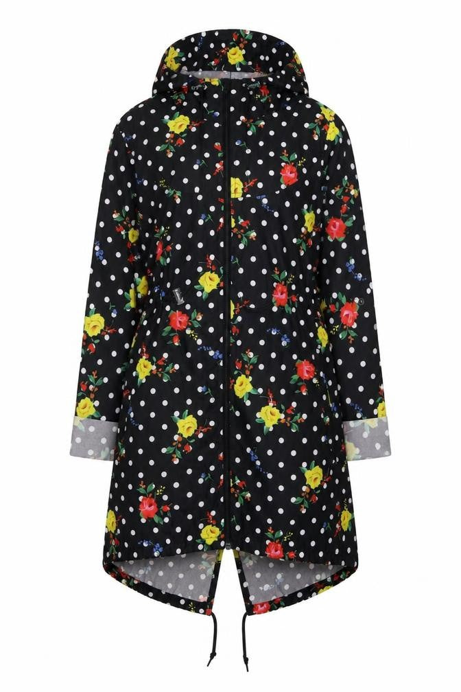 Front view of Demin.Co women’s black polka dot parka jacket, size XS