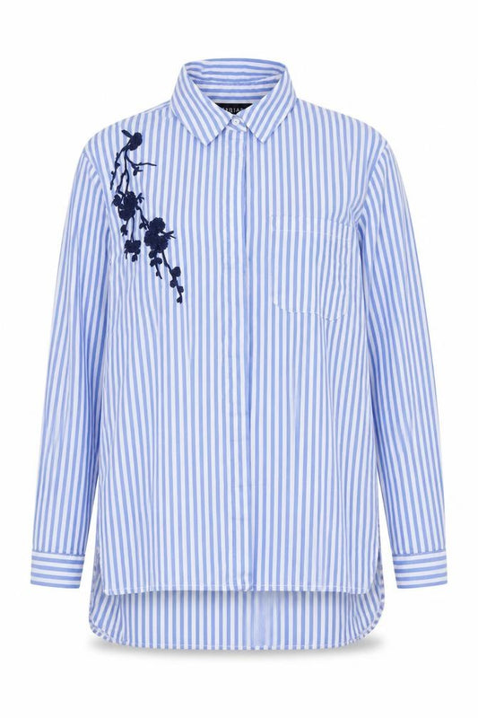 Front view of Parisian women’s blue striped cotton basic button-up, size UK 8, collared