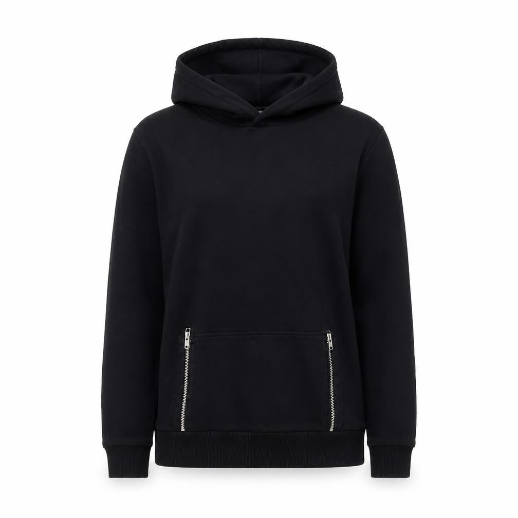 Front view of 1971 women’s black cotton pullover hoodie, size M, pullover