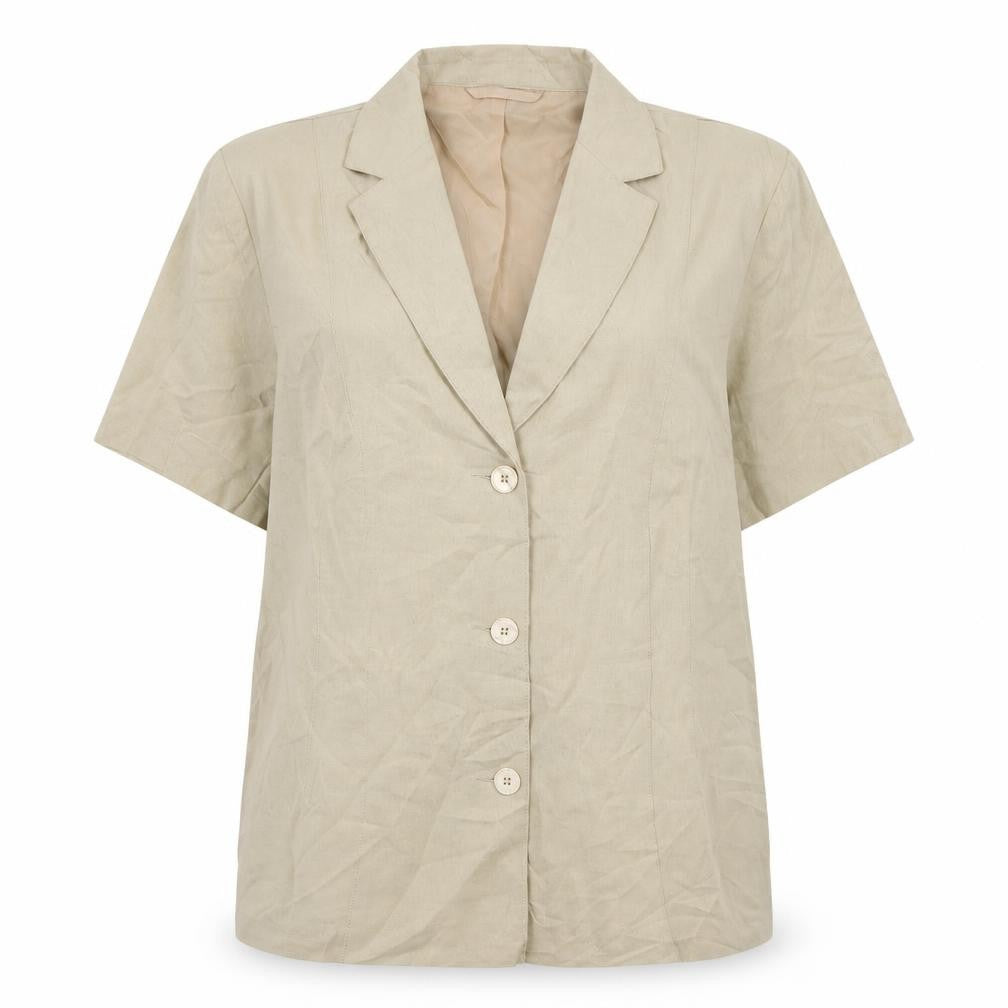 Front view of Essence women’s beige collared polyester cardigan jumper, size UK 20