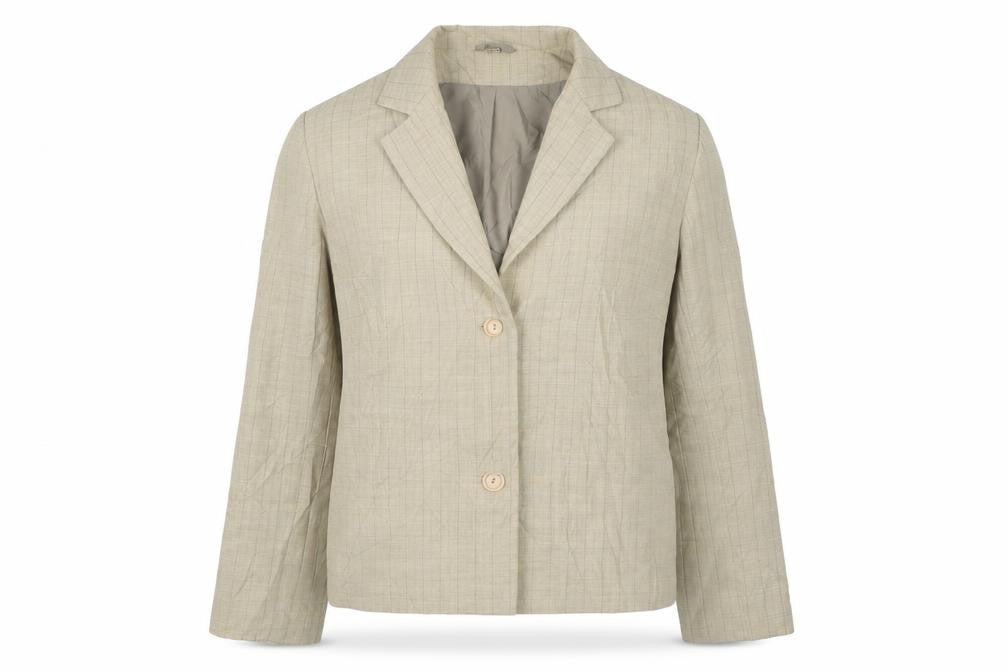 Front view of Preworn women’s beige striped jacket, size UK 14