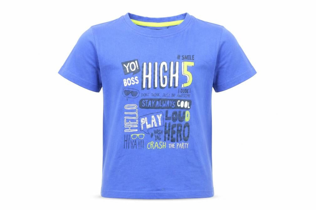 Front view of blue seven boys’ blue cotton basic casual, size 7, years round neck