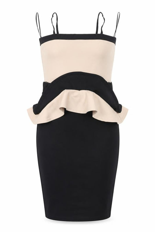 Front view of Quiz women’s multicoloured polyester bodycon, size UK 10, square neck