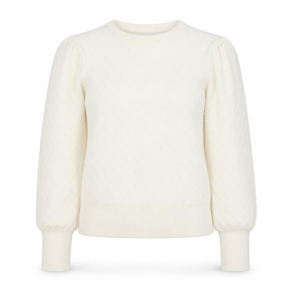 Front view of Marks & Spencer women’s ivory crew neck argyle/diamond viscose jumper, size UK 12
