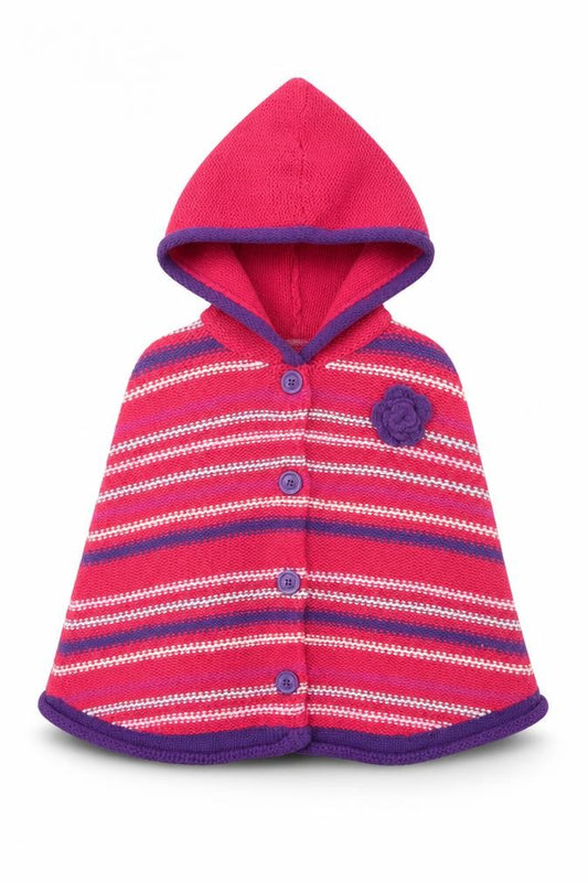 Front view of Kids Stuff girls’ pink crew neck striped acrylic cape jumper, size 5-6, years button