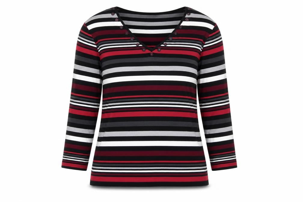 Front view of Country Casuals women’s multicoloured v-neck striped viscose jumper, size XL