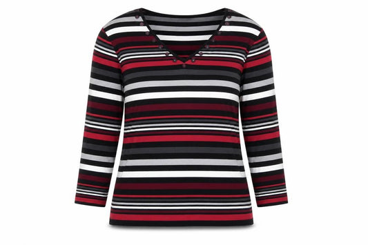 Front view of Country Casuals women’s multicoloured v-neck striped viscose jumper, size XL