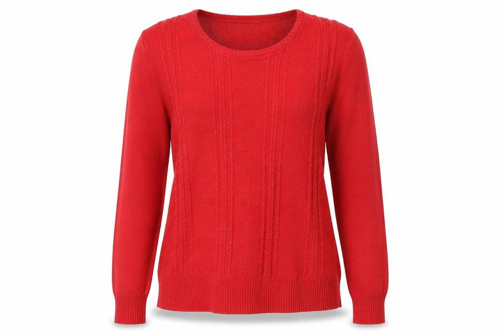 Front view of Yabisi women’s red round neck acrylic jumper, size M
