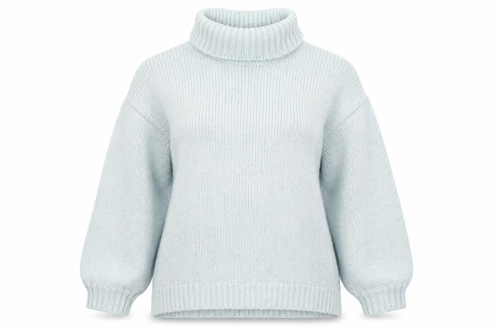 Front view of Tu women’s blue roll neck acrylic jumper, size UK 14
