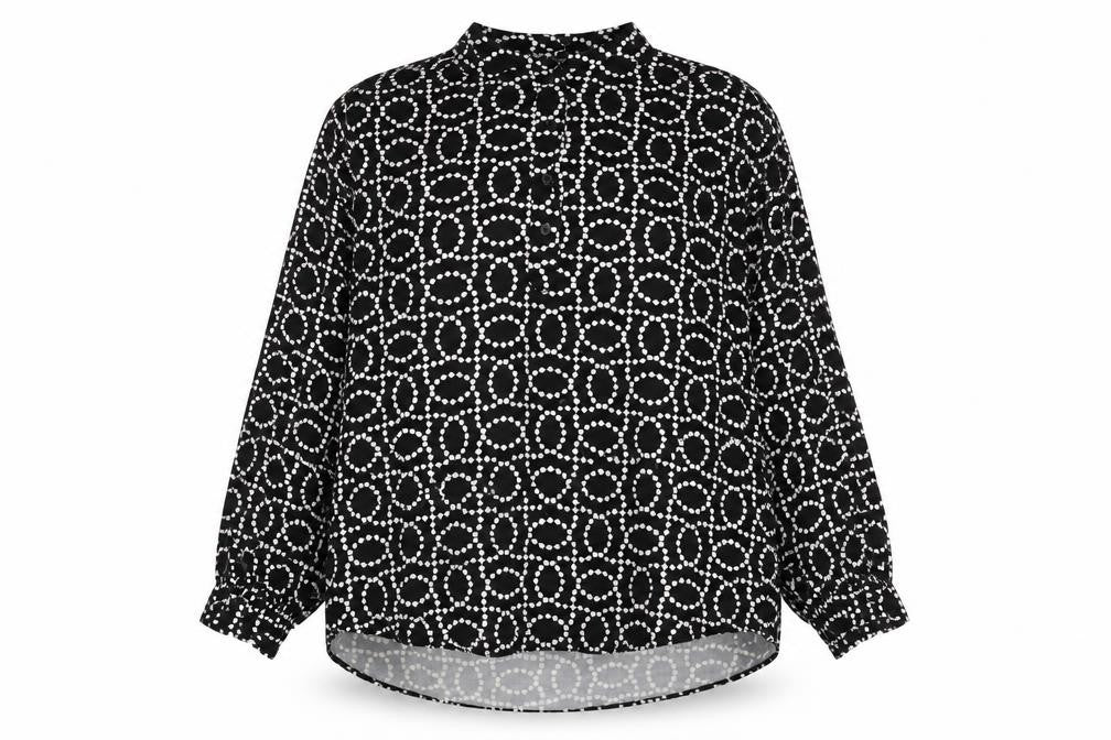 Front view of H&M women’s black geometric viscose jersey blouse, size M, crew neck