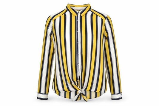 Front view of Wallis women’s yellow striped polyester jersey button-up, size UK 12, collared