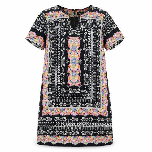 Front view of Pomodoro women’s multicoloured geometric polyester a-line, size UK 10, v-neck zip