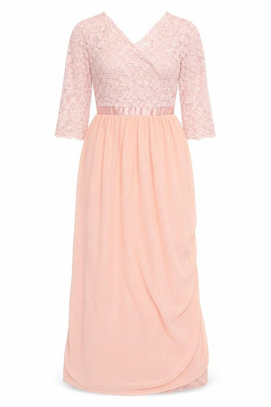 Front view of women’s pink polyester ball gown, size M, v-neck