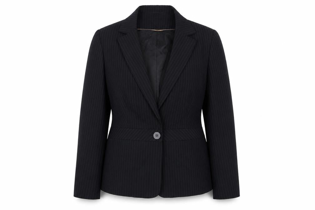 Front view of F&F women’s black striped polyester jacket suit jacket, size UK 14