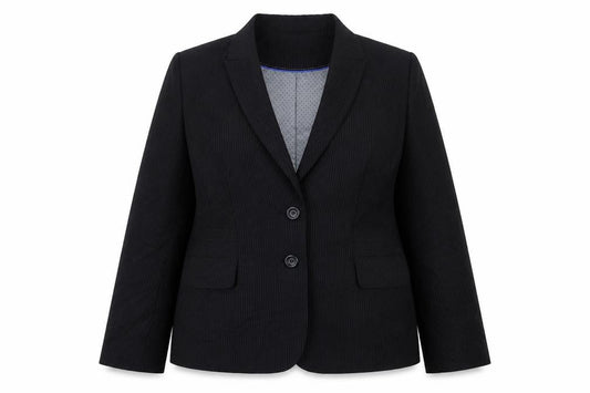 Front view of Autonomy women’s black striped polyester jacket suit jacket, size UK 16