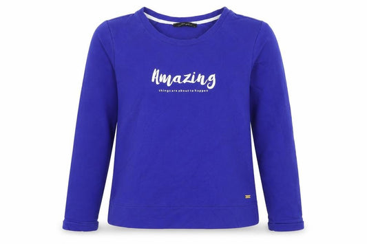 Front view of Dayz women’s blue cotton pullover sweatshirt, size S