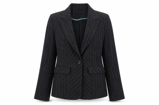 Front view of Next women’s grey striped polyester jacket suit jacket, size UK 14
