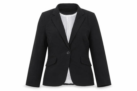 Front view of Marks & Spencer women’s black polyester jacket suit jacket, size UK 10