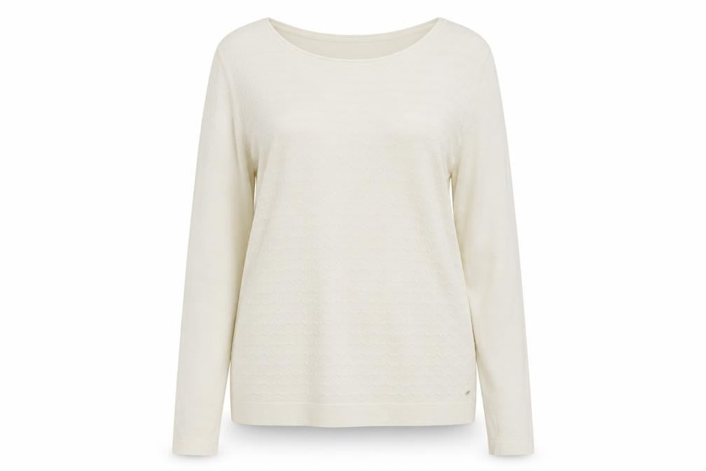 Front view of Olsen women’s beige round neck viscose jumper, size UK 14