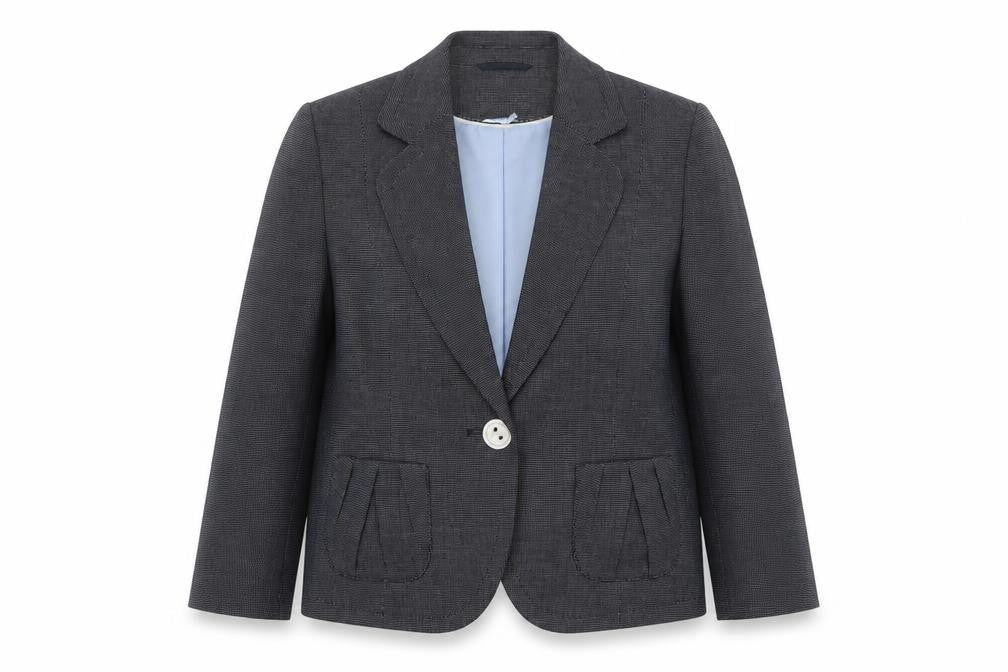 Front view of Marks & Spencer women’s blue check polyester jacket suit jacket, size UK 10