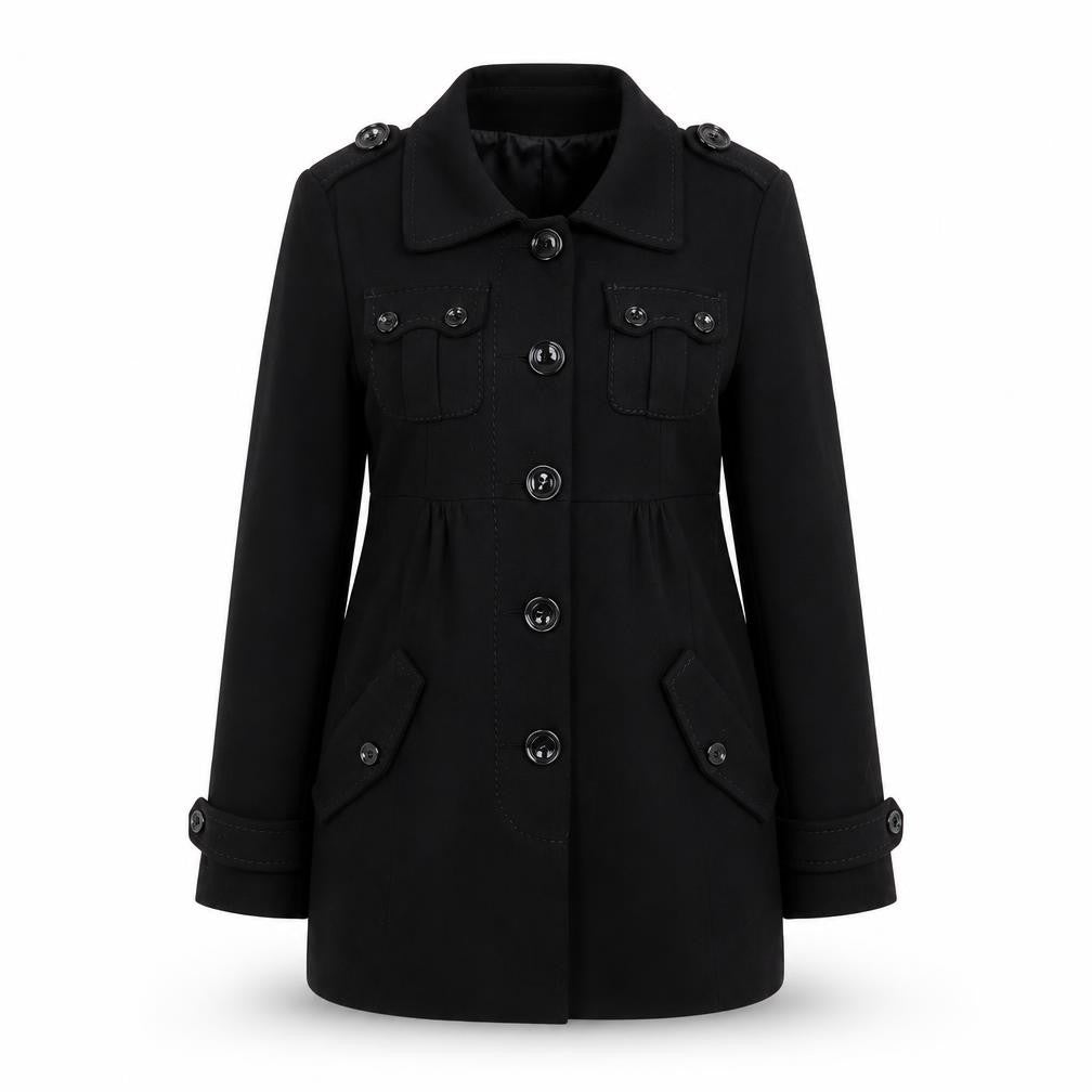 Front view of H&M women’s black overcoat coat, size UK 10, button
