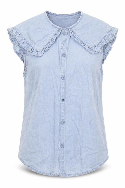 Front view of Denim Co women’s blue cotton basic button-up, size UK 10, crew neck