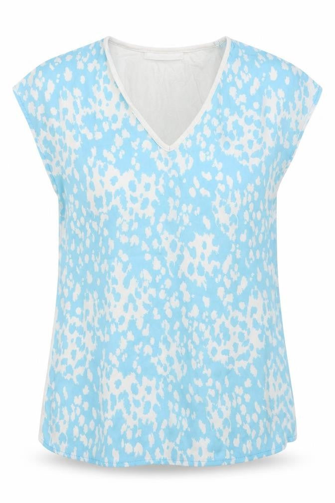 Front view of Dunnes women’s blue polyester basic t-shirt, size XS, v-neck - abstract