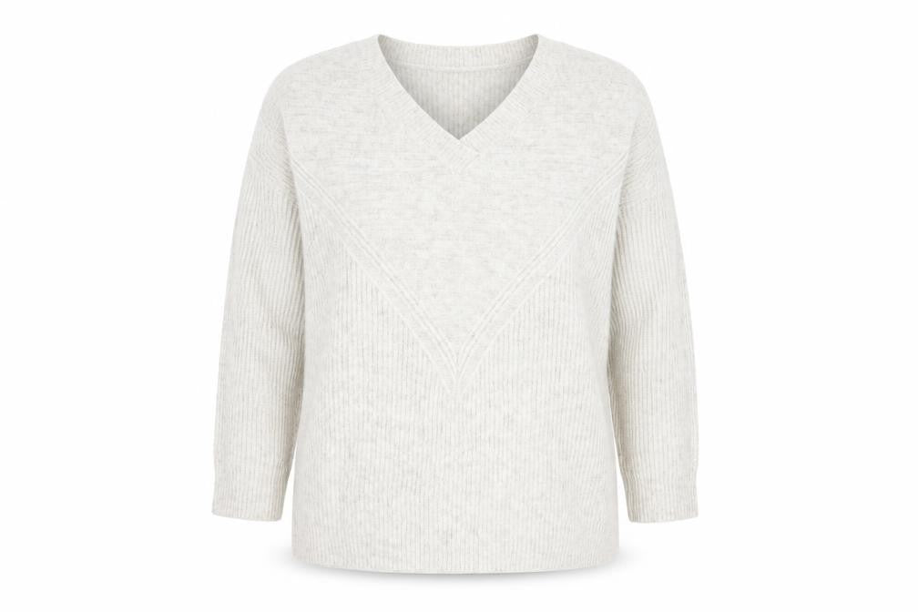Front view of ASOS women’s beige round neck acrylic jumper, size UK 6