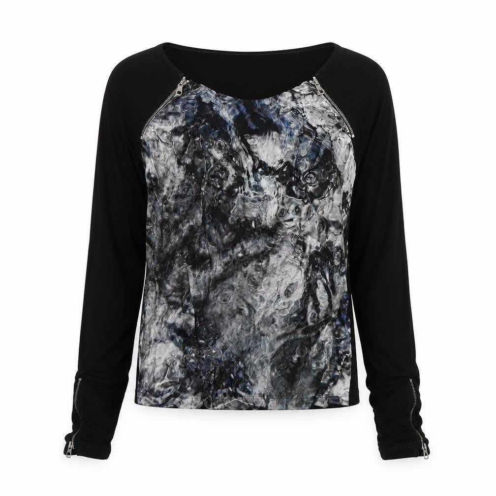 Front view of EK women’s black geometric viscose basic t-shirt, size UK 42, round neck