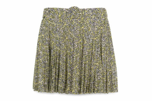 Front view of Topshop women’s yellow floral polyester pleated skirt, size UK 6