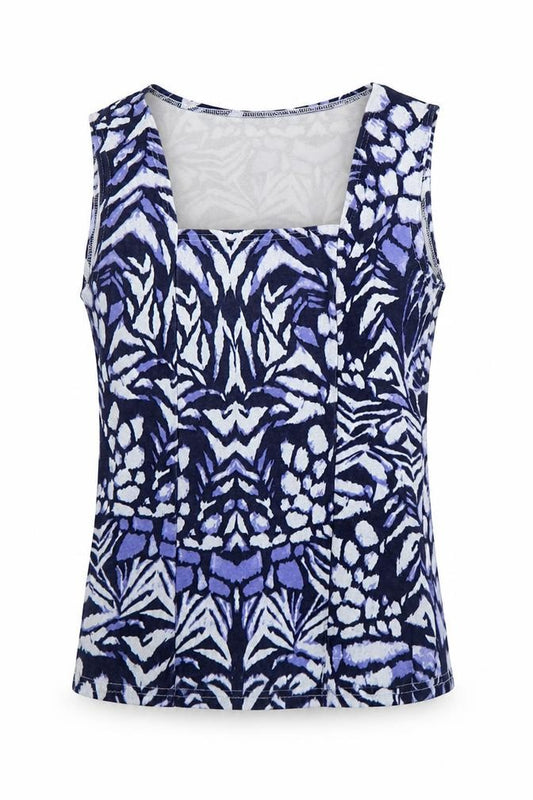 Front view of Reflections women’s blue geometric polyester basic tank, size M, square neck