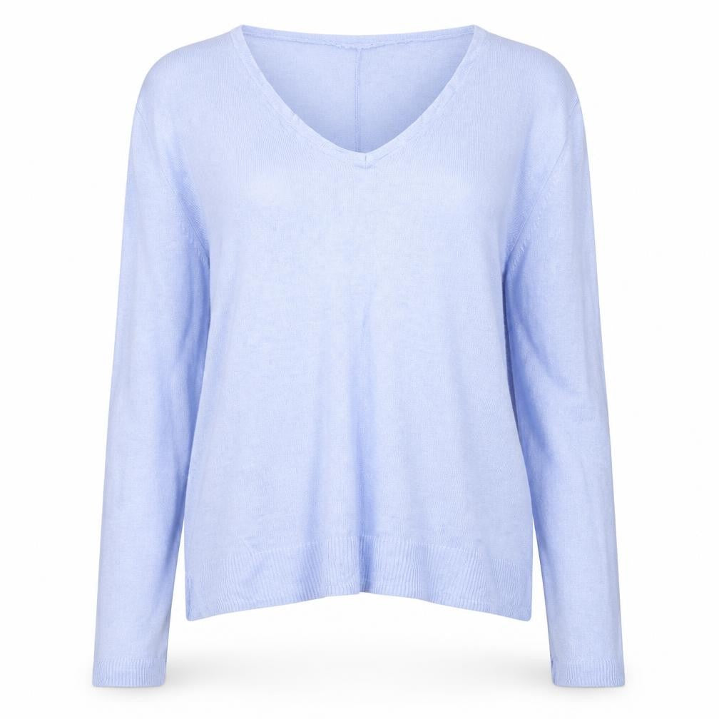 Front view of Real Woman women’s blue v-neck viscose jumper, size S
