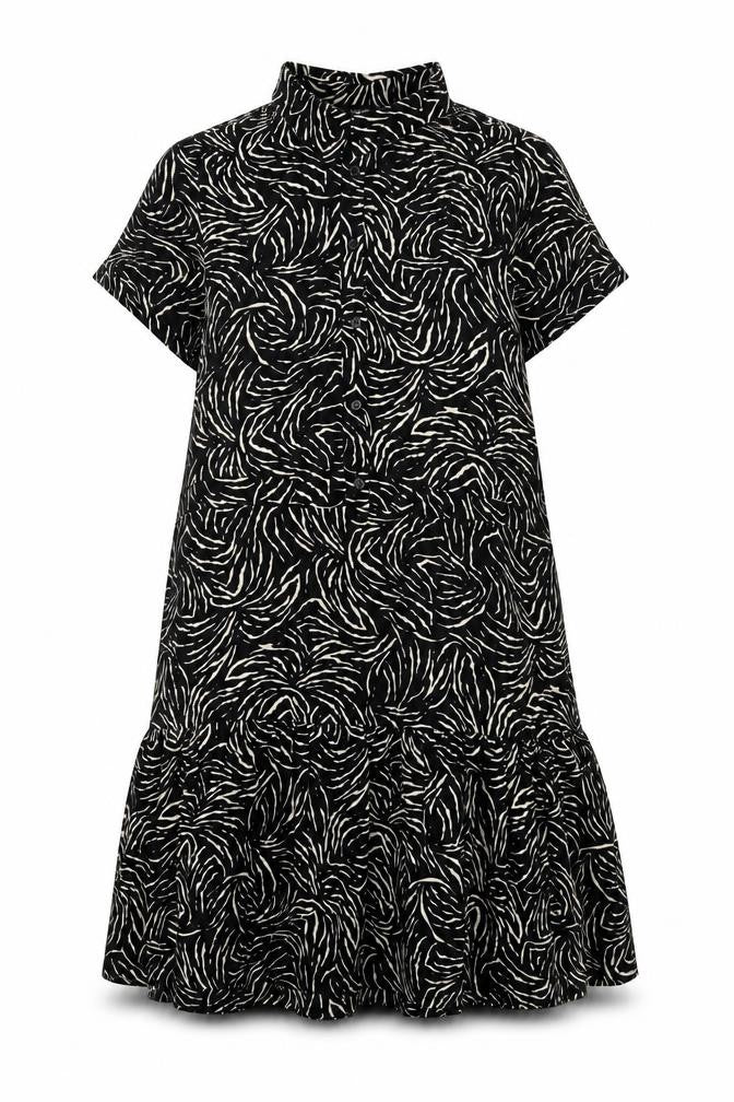 Front view of New Look women’s black striped polyester trapeze & swing, size UK 12, collared button