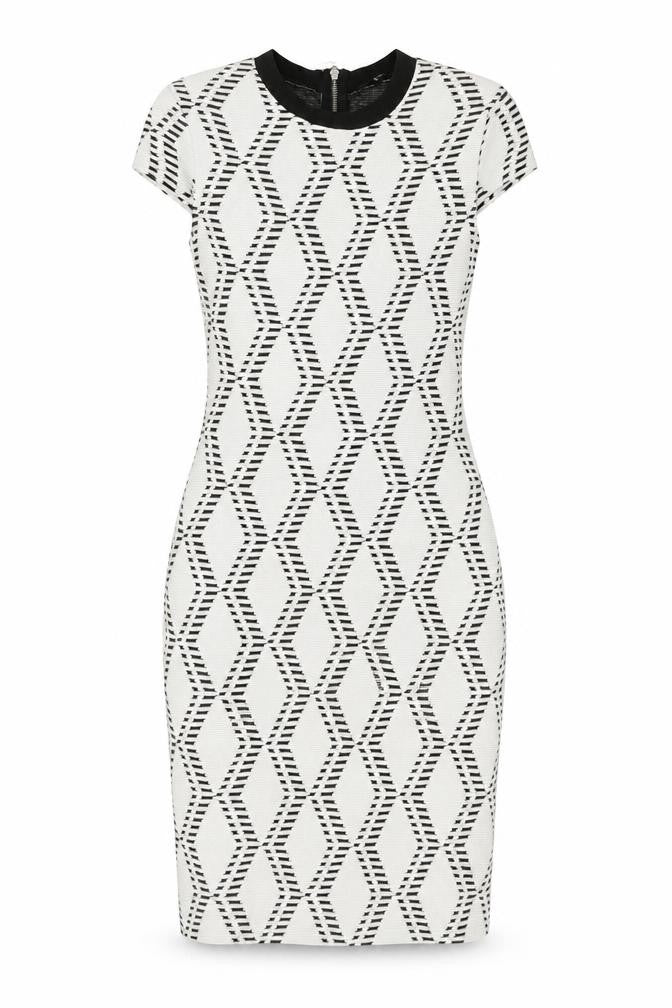 Front view of River Island women’s white geometric cotton a-line, size UK 10, round neck zip