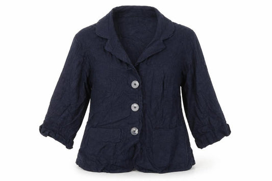 Front view of EWM women’s blue jacket blazer, size UK 12, button