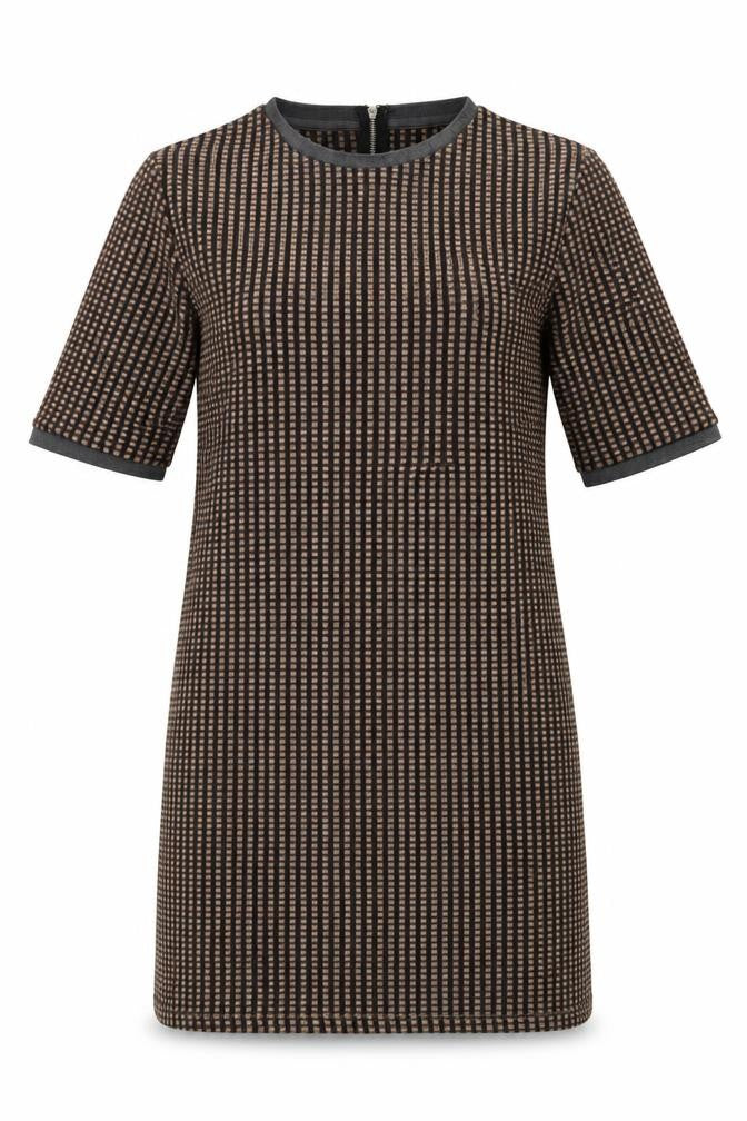 Front view of Zara women’s brown plaid polyester a-line, size L, round neck zip