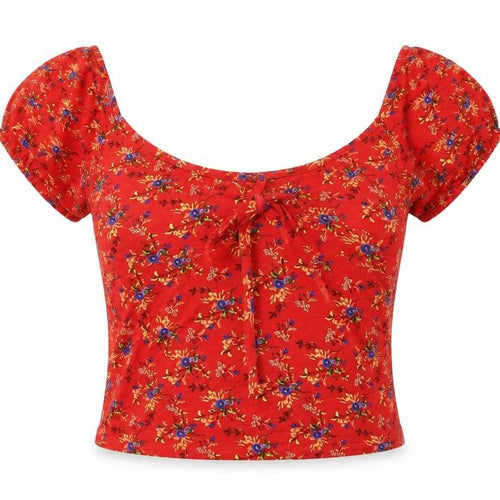 Miss Selfridge Womens Red Floral Viscose Cropped T-Shirt Size 8 Scoop Neck