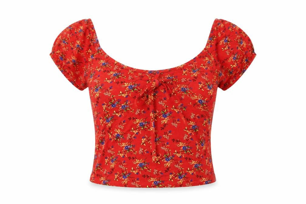 Miss Selfridge Womens Red Floral Viscose Cropped T-Shirt Size 8 Scoop Neck