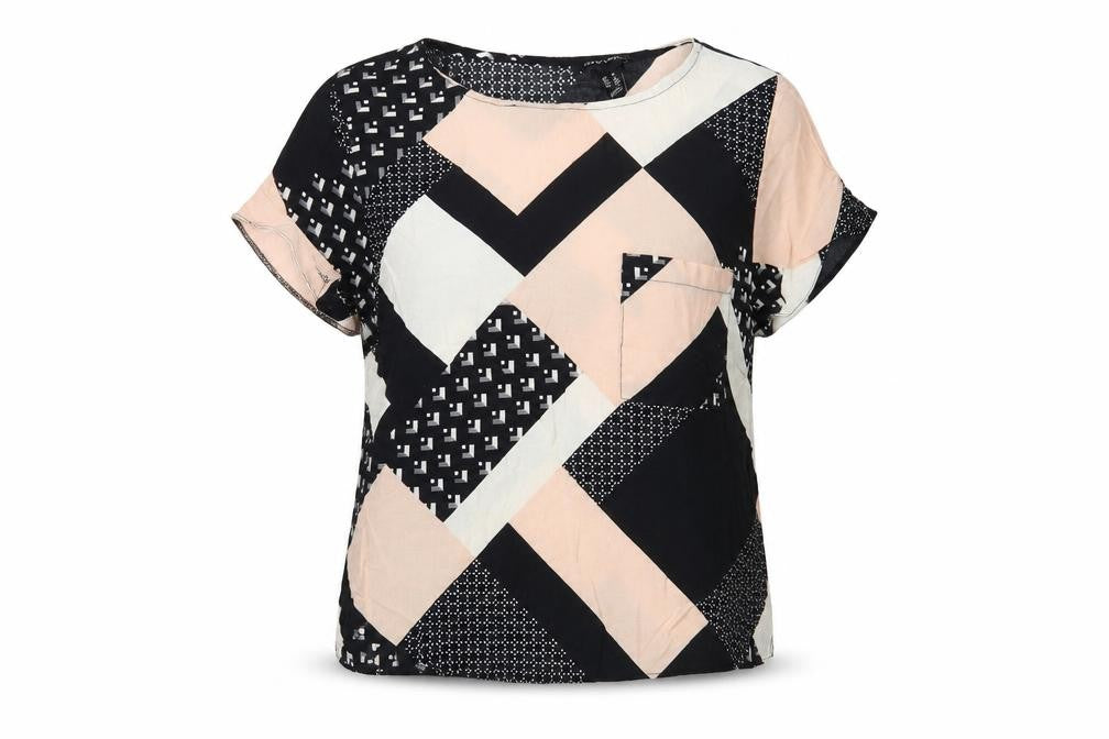 Front view of New Look women’s black geometric viscose basic blouse, size UK 14, boat neck