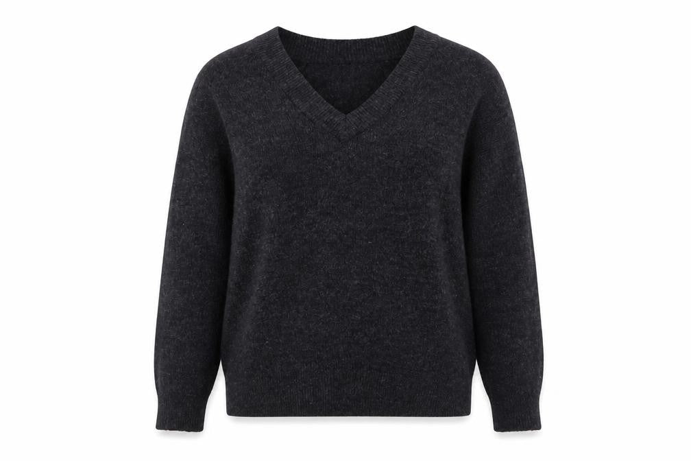 Front view of H&M women’s grey v-neck acrylic jumper, size S