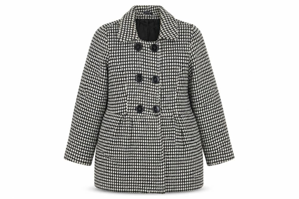 Front view of Samya women’s black check pea coat coat, size UK 16, button