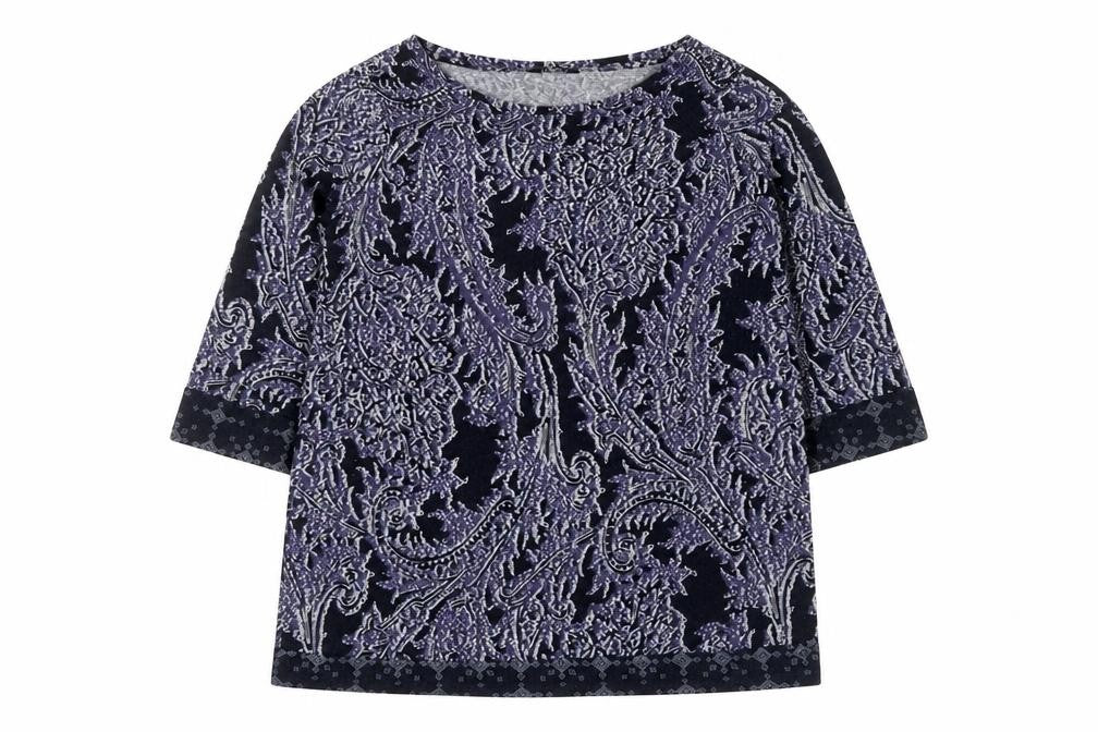 Front view of F&F women’s blue round neck geometric polyester jumper, size UK 18