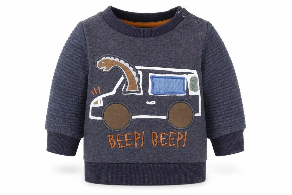 Front view of Primark boys’ grey polyester jumper, size 0-3, months snap - car