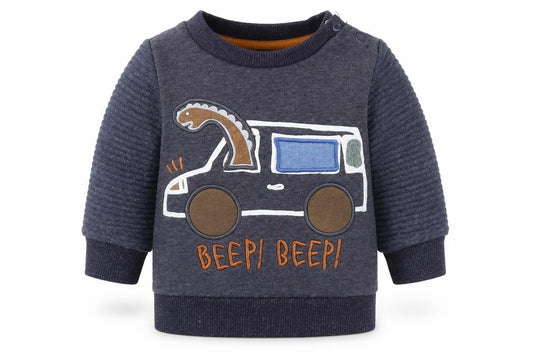 Front view of Primark boys’ grey polyester jumper, size 0-3, months snap - car