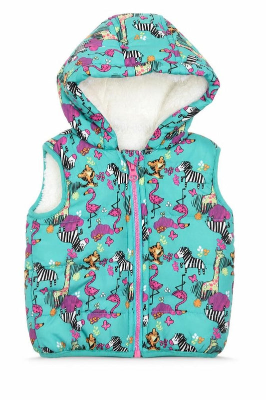Front view of Dunnes girls’ multicoloured geometric gilet coat, size 3-6, months zip - animals